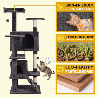 54 in Cat Tree Cat Tower for Indoor Cats Plush Cat Condo Multi-Level Cat Furniture with Scratching Post, Jumping Platform Cat Play House Activity Center Nova Microdermabrasion